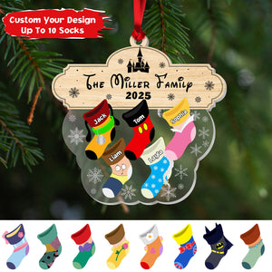 Custom acrylic family ornament featuring personalized stockings for each family member, 2025 design