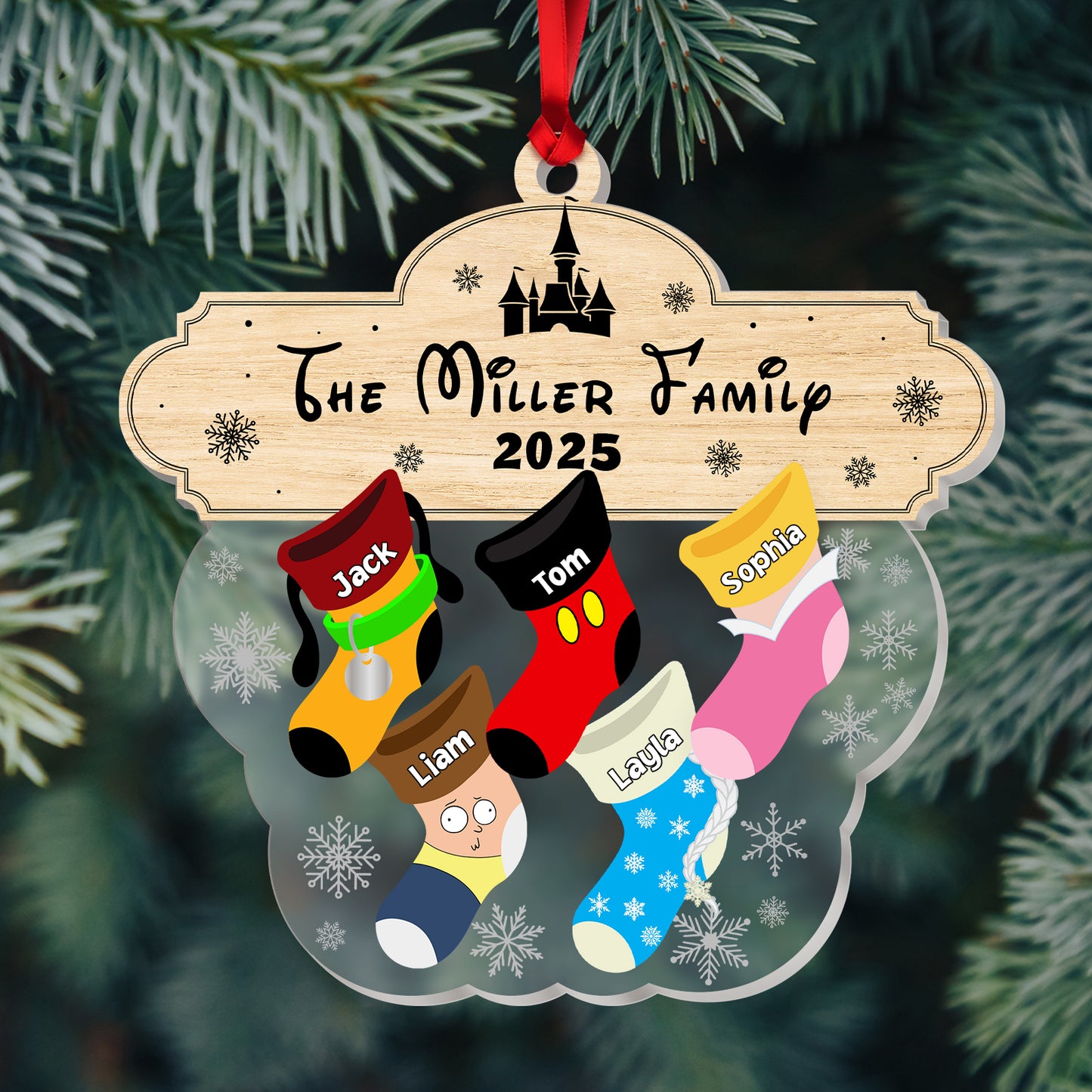 Custom acrylic family ornament featuring colorful stockings and the Miller Family name for 2025