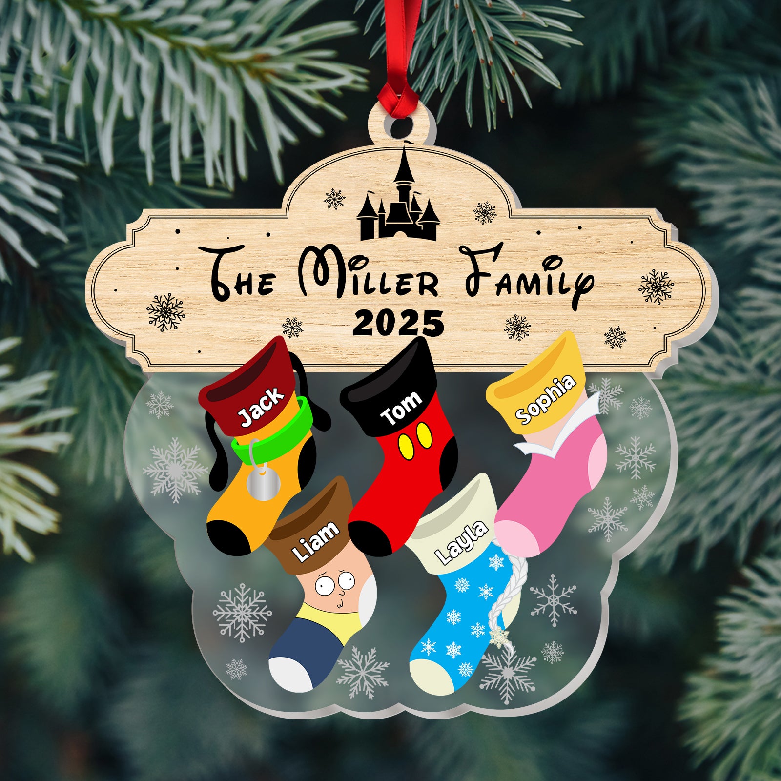 Custom acrylic family ornament featuring colorful stockings and the Miller Family name for 2025