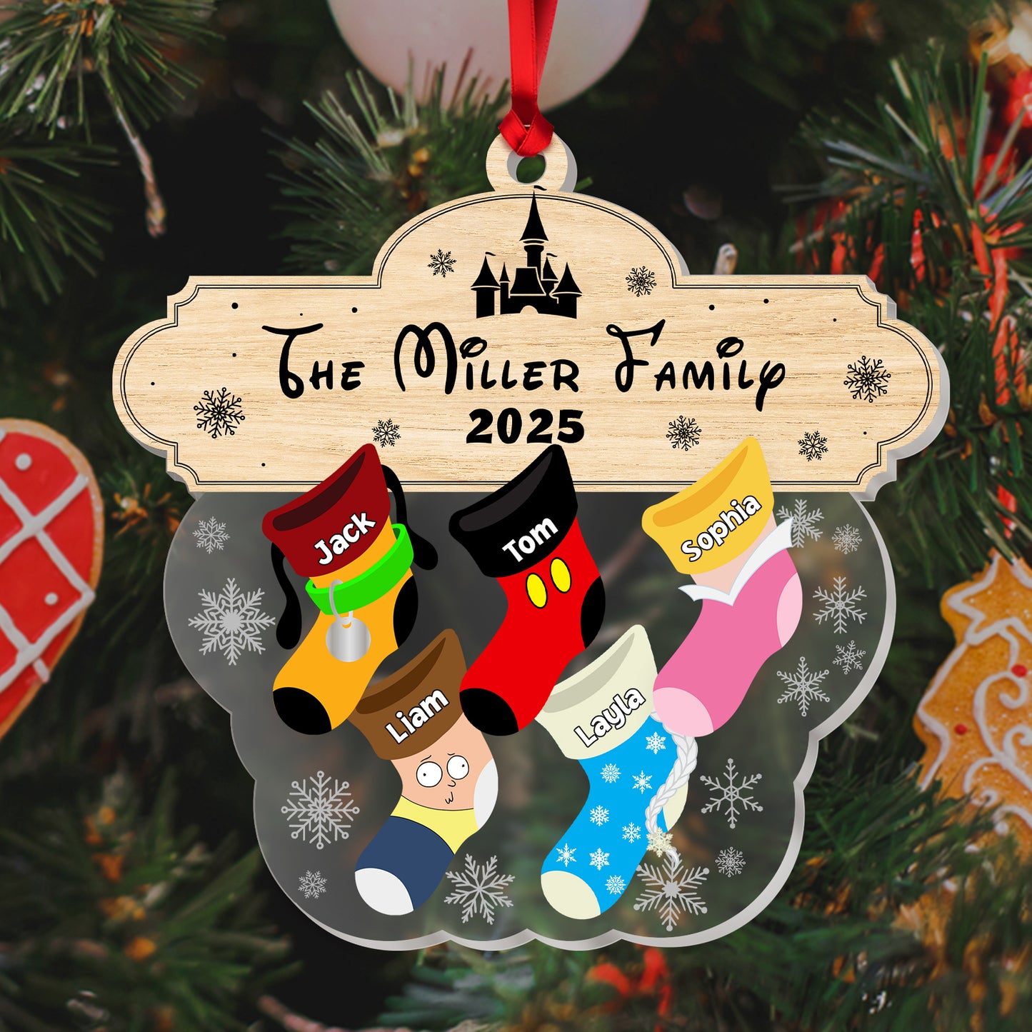 Custom acrylic family ornament featuring colorful stockings for the Miller family in 2025