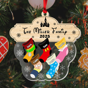 Custom acrylic family ornament featuring colorful stockings for the Miller family in 2025