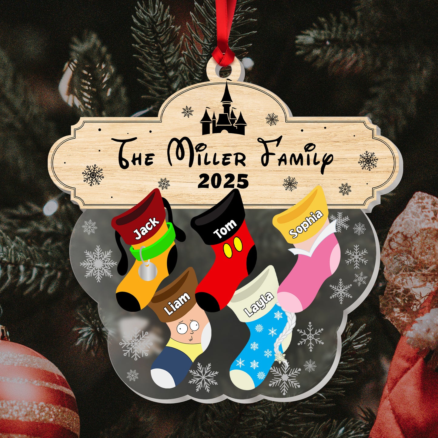 Custom acrylic family ornament featuring the Miller Family with personalized stockings for each member