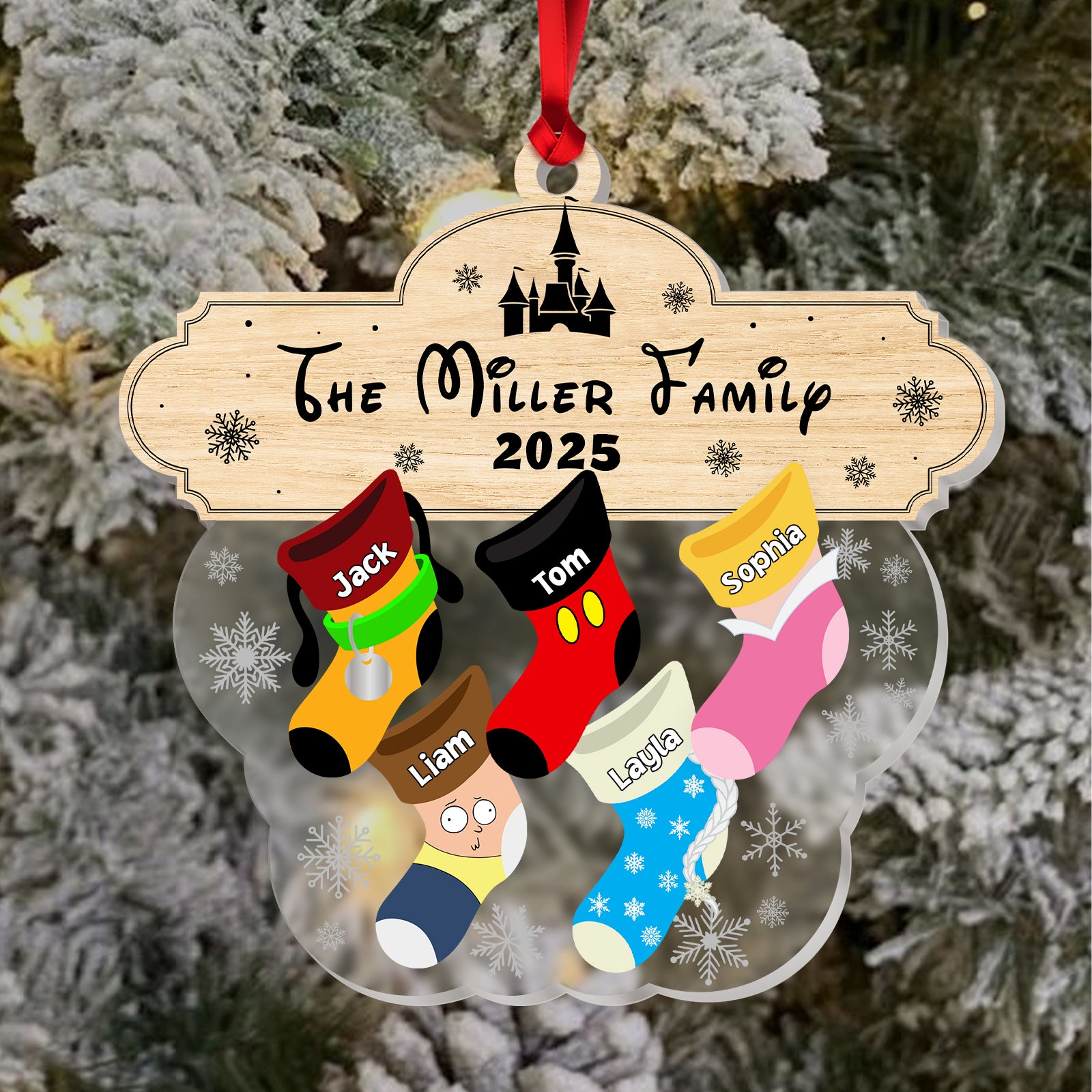 Custom acrylic family ornament featuring festive stockings with names for a personalized holiday decoration