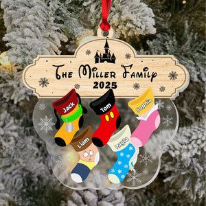 Custom acrylic family ornament featuring festive stockings with names for a personalized holiday decoration