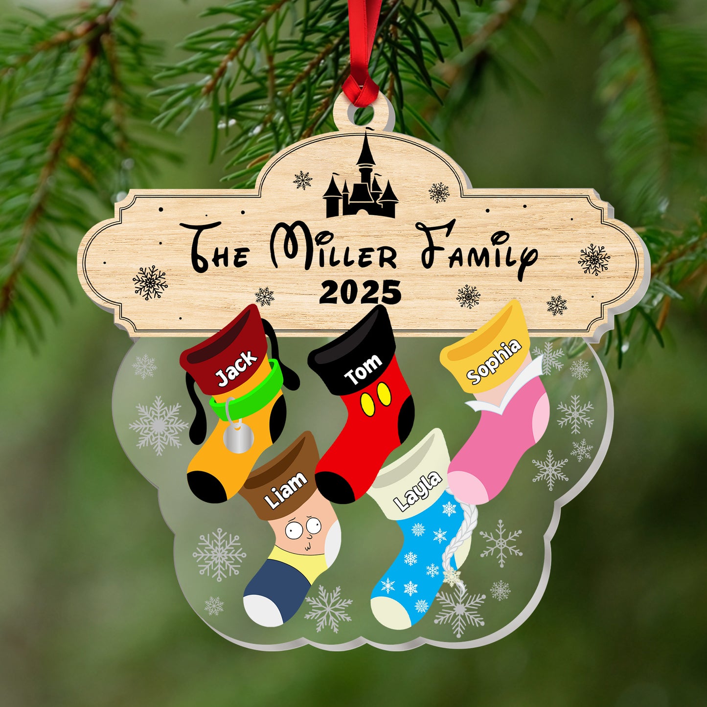 Custom acrylic family ornament featuring colorful stockings with names for a personalized holiday touch