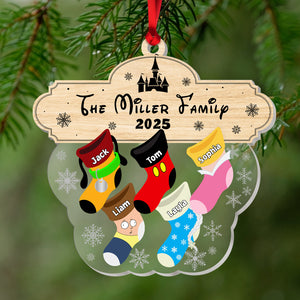 Custom acrylic family ornament featuring colorful stockings with names for a personalized holiday touch