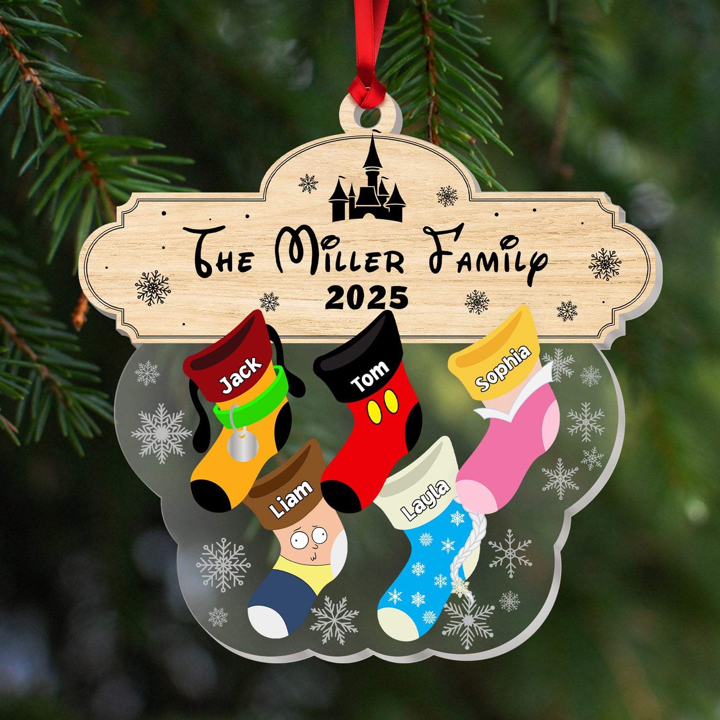 Custom acrylic family ornament featuring colorful stockings for the Miller family 2025