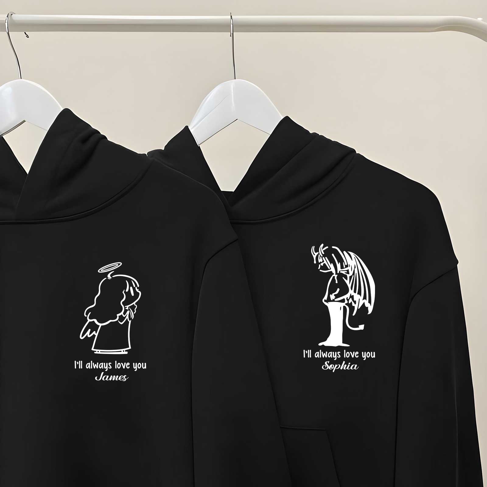 Black custom angel t-shirt for couples featuring matching angel and demon illustrations with personalized names