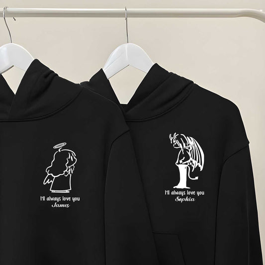 Black custom angel t-shirt for couples featuring matching angel and demon illustrations with personalized names
