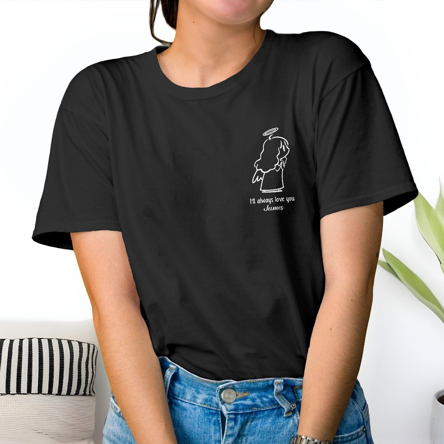 Black custom angel t-shirt for couples with angel graphic and personalized love message