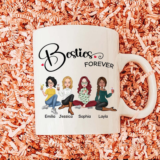 Custom bestie forever coffee cup with illustrated friends Emilia Jessica Sophia Layla sitting and holding drinks