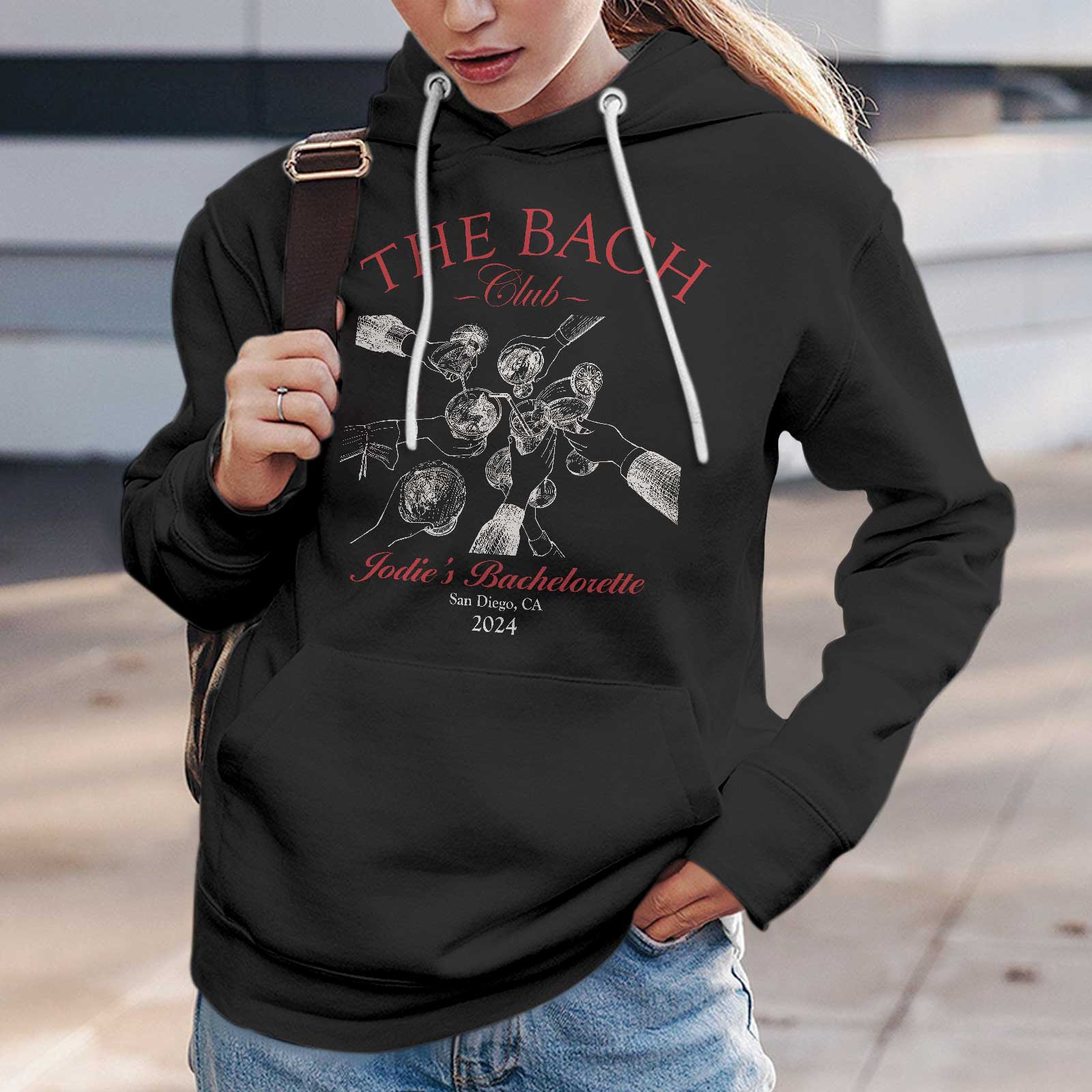 Black custom besties bach club shirt hoodie with rose gold lettering and wine glass design