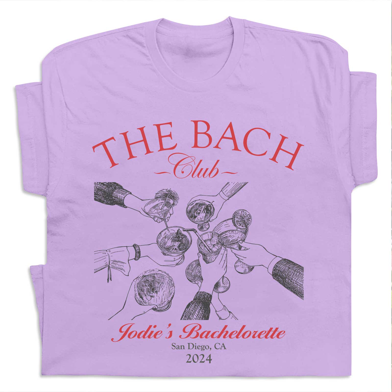 Lavender custom besties bach club shirt with graphic of hands toasting drinks and personalized bachelorette text