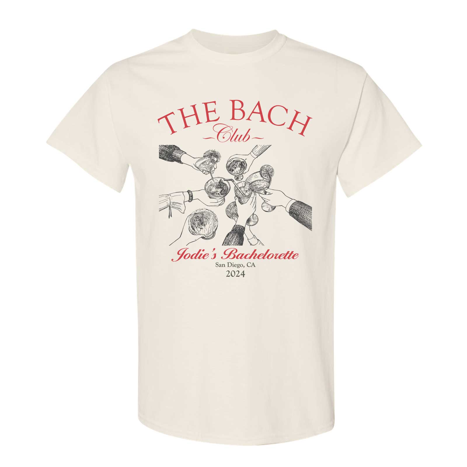Custom besties bach club shirt in cream with vintage toast graphic and personalized bachelorette text