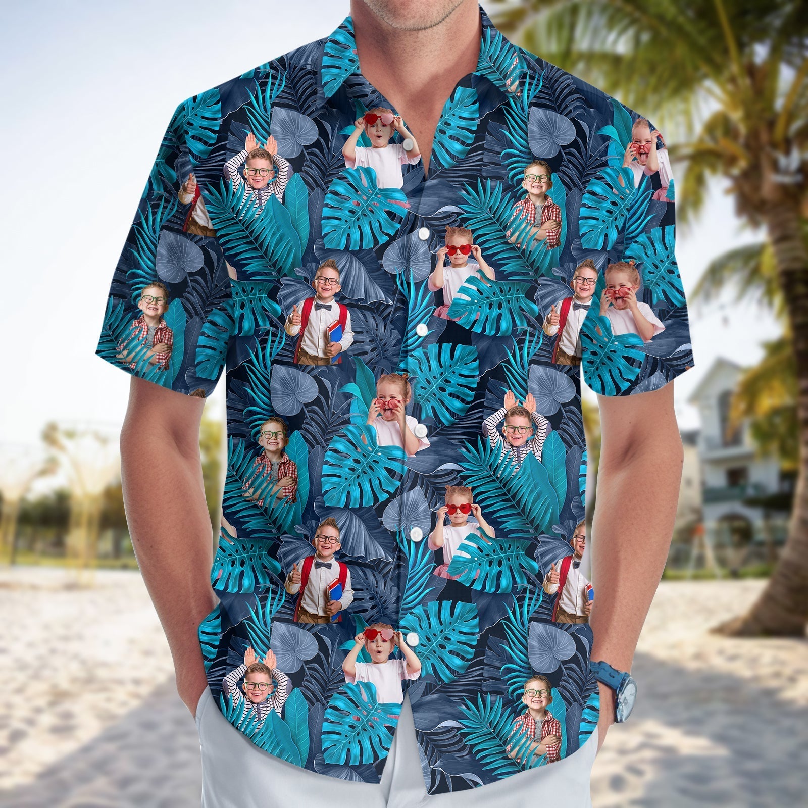 Custom blue tropical linen shirt with personalized photo print on vibrant leaf background