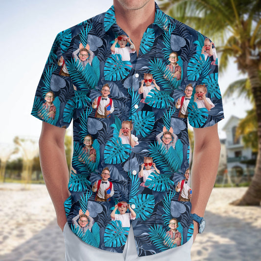 Custom blue tropical linen shirt with personalized photo print on vibrant leaf background