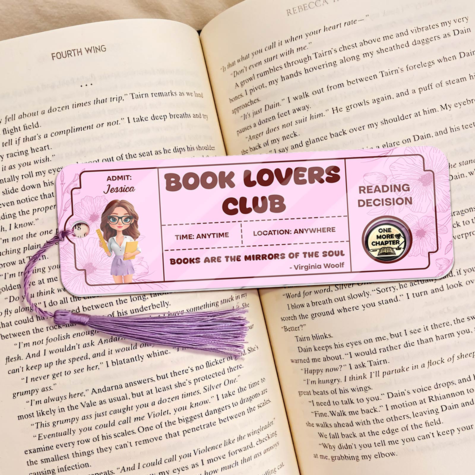 Bookmark For Book Lovers with Book Lovers Club design and purple tassel on an open book page