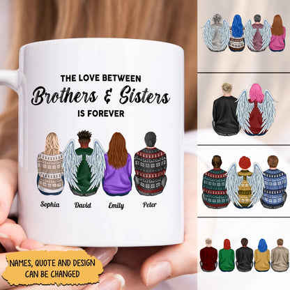 White mug featuring a custom brother and sister gift with personalized names and illustrated siblings wearing winter sweaters