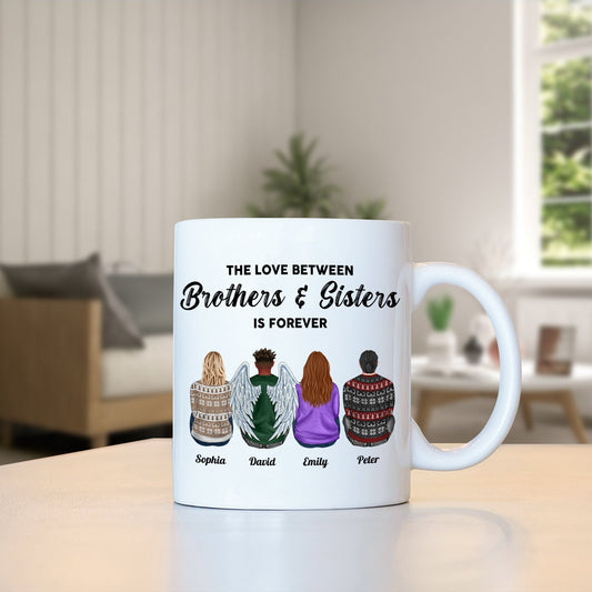 White mug featuring custom brother and sister gift design with four people and heartfelt message