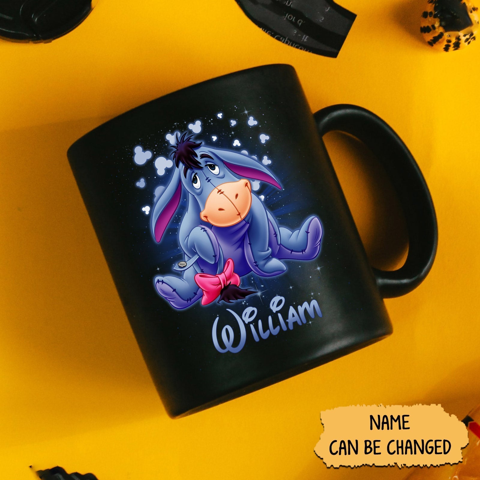 Custom cartoon character mug featuring a blue donkey design with customizable name option