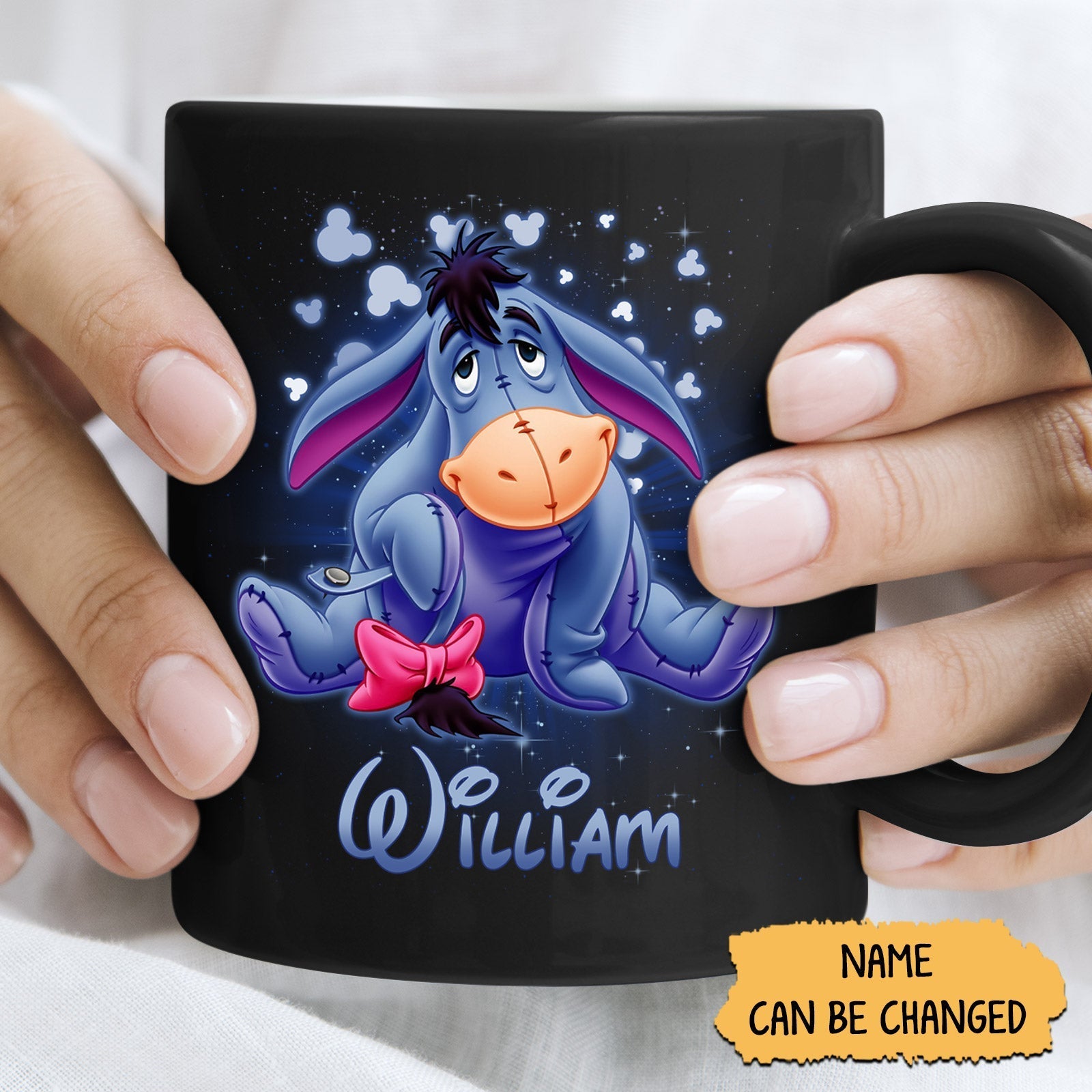 Custom cartoon character mug featuring a cute Eeyore design with a personalized name option