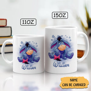 Custom cartoon character mug featuring Eeyore with personalized name option for kids and adults