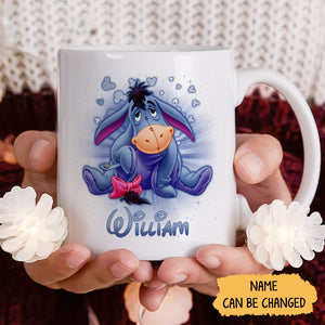 Custom cartoon character mug featuring a cute Eeyore design with a customizable name option