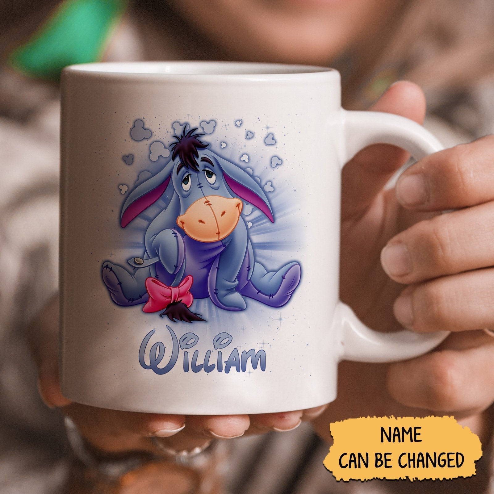 Custom cartoon character mug featuring Eeyore with a personalized name option