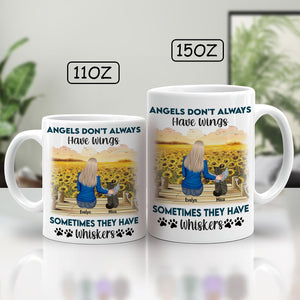 Custom cat memorial gift mug featuring a woman with her cat in a sunflower field, uplifting quote