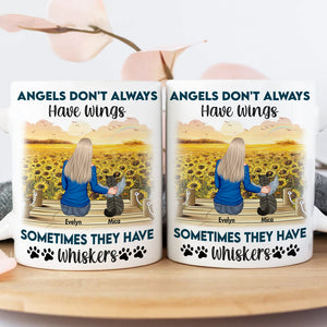 Custom cat memorial gift mug featuring a woman with cats in a sunflower field