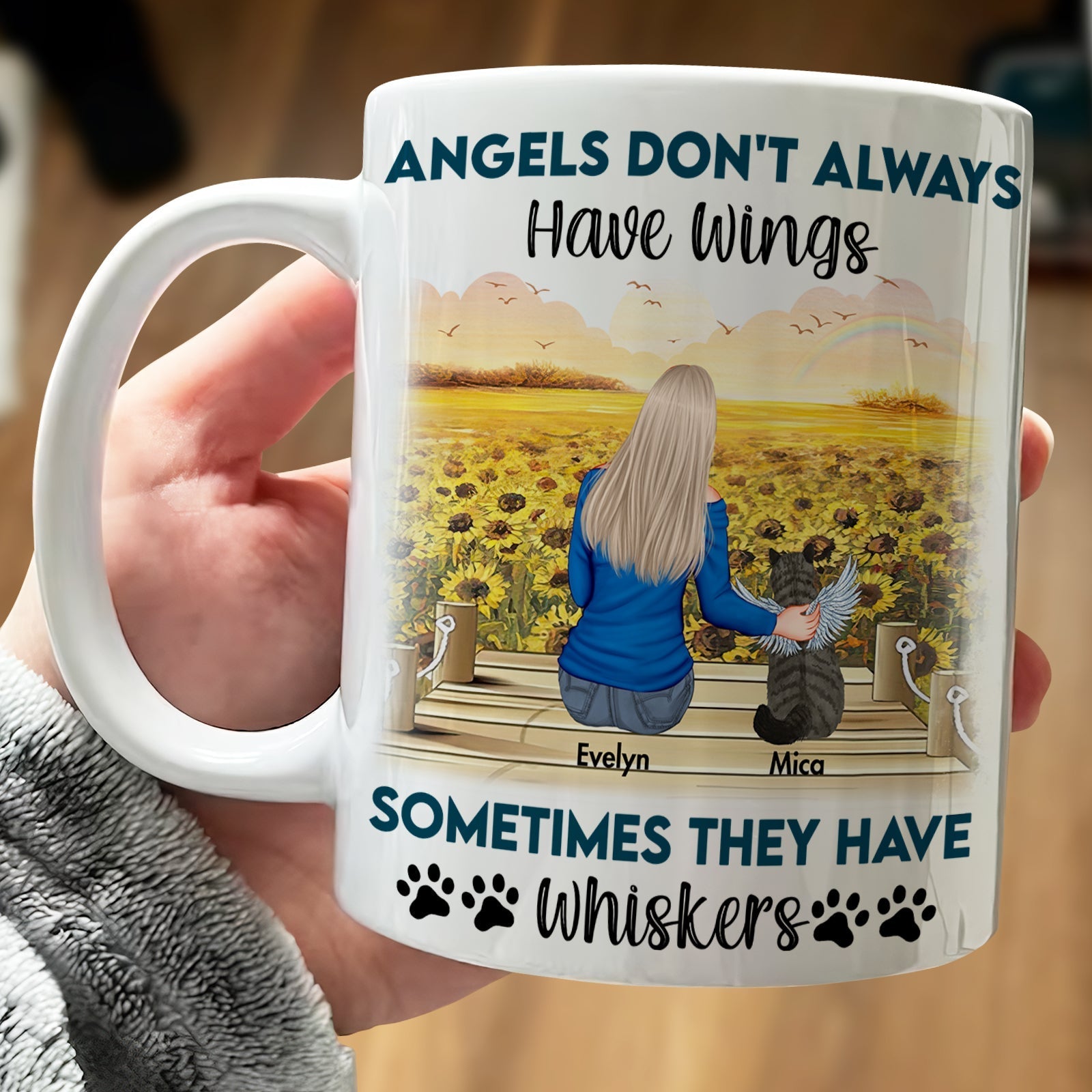 Custom cat memorial gift mug with heartfelt angel and cat illustration and sentimental quote