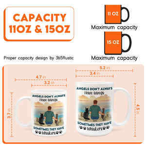 Custom cat memorial gift mug showing a person with a cat and inspirational quote about angels