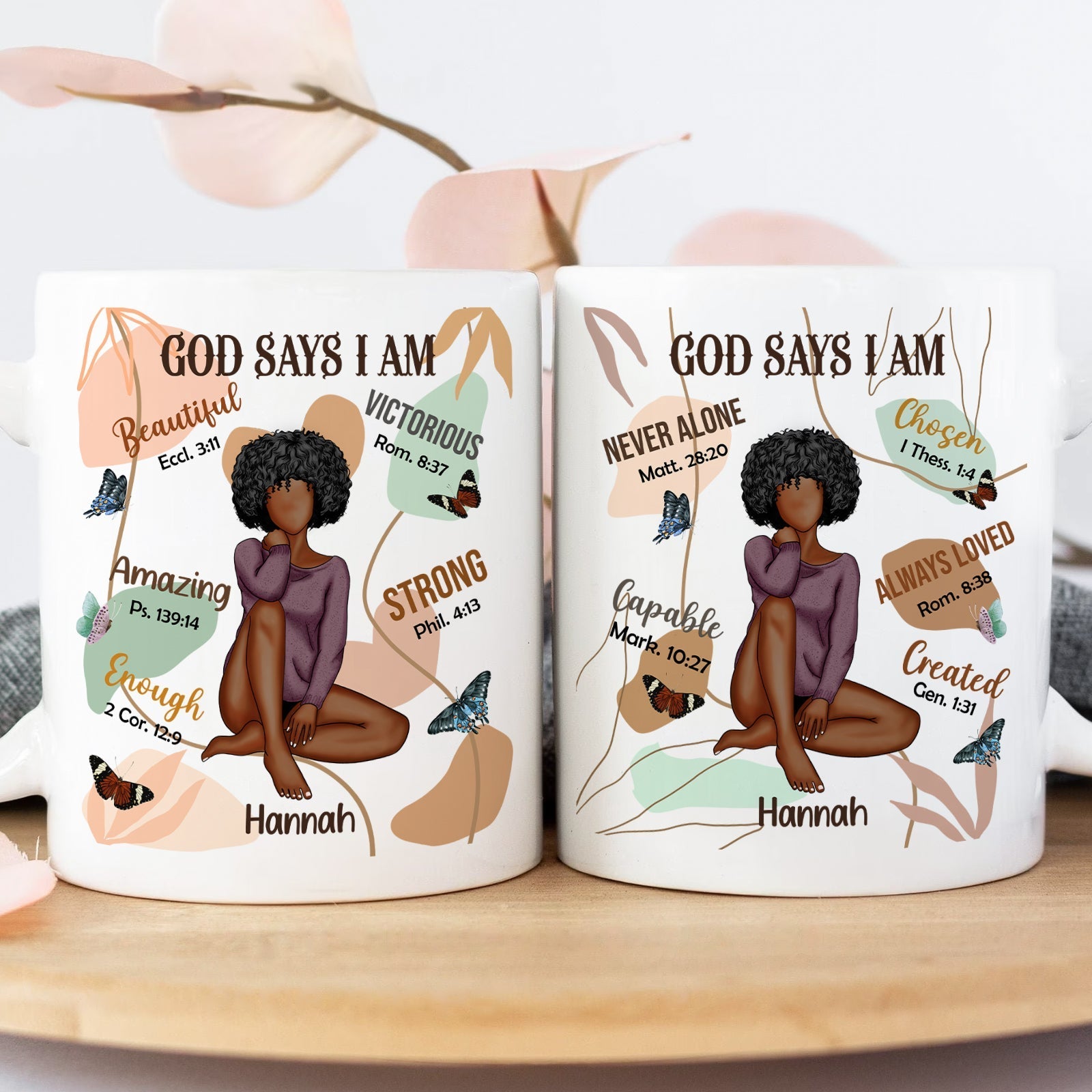Custom Christian gifts for women featuring a designer mug with inspirational messages and a beautiful illustration