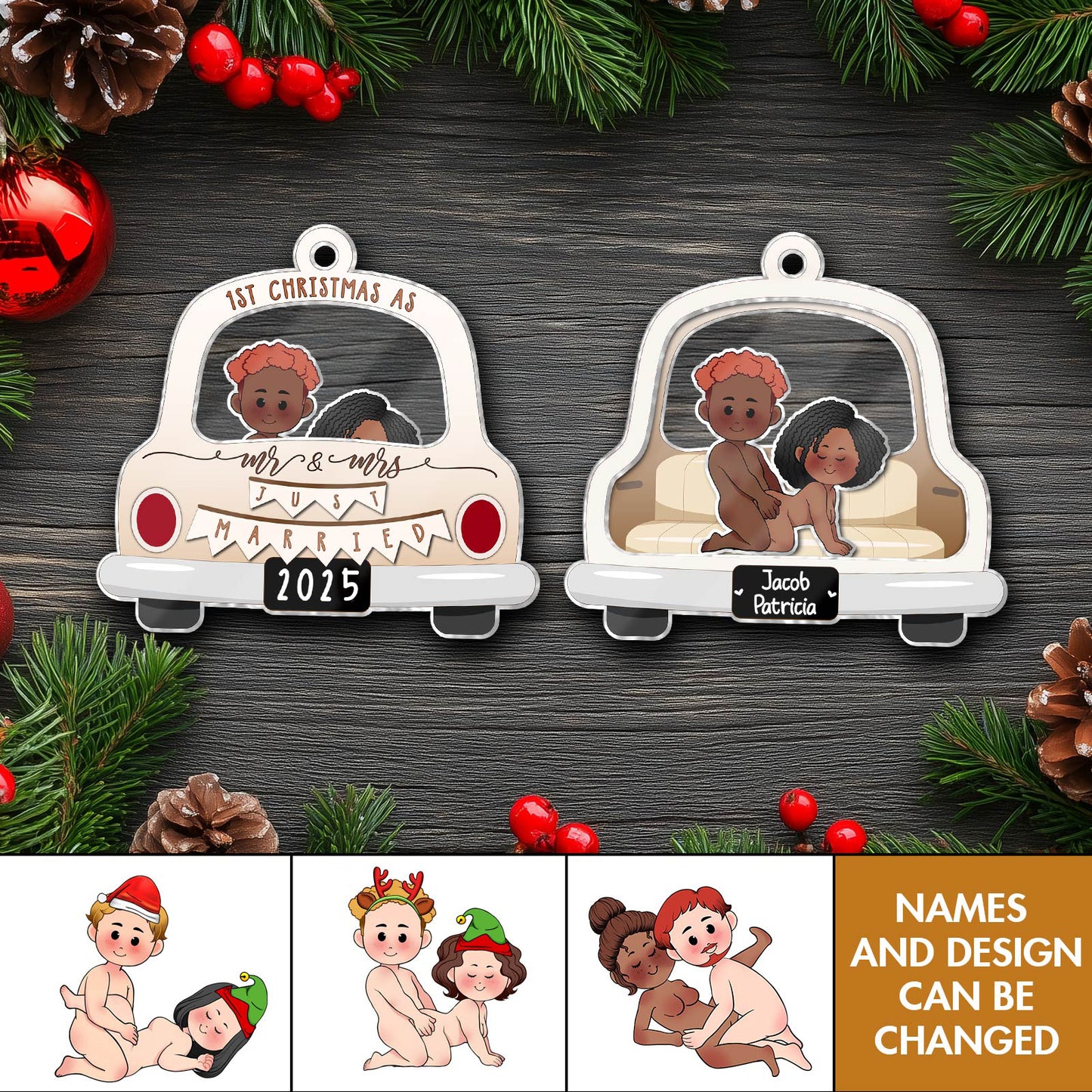 Personalized Mr and Mrs Married 2025 Ornament in Car Design for First Christmas Together