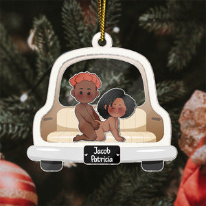 Custom couple ornament from 365Gifty featuring cartoon characters in a car with personalized names