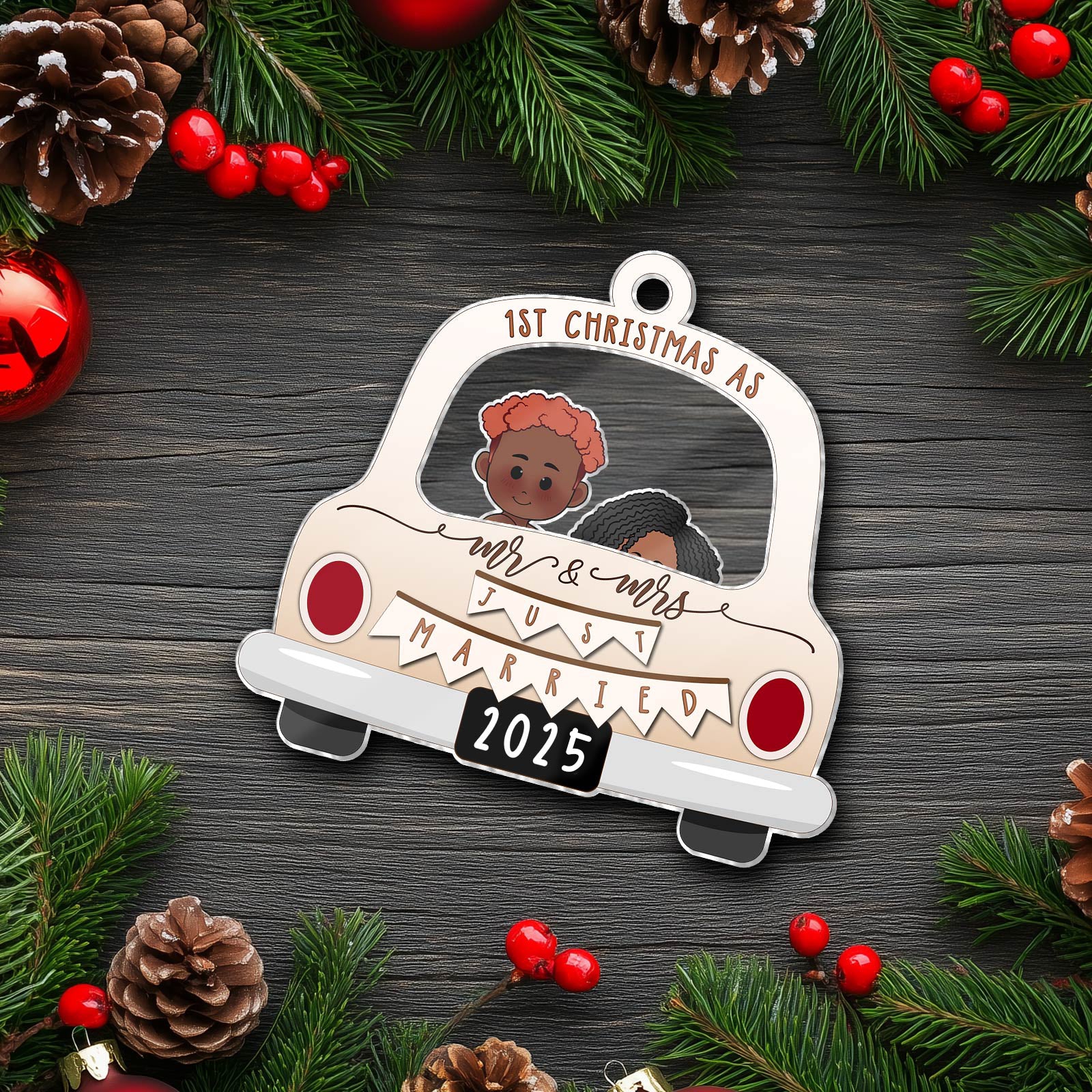 Personalized '1st Christmas as Mr and Mrs' Ornament featuring a couple in a vintage car for 2025