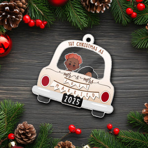 Personalized '1st Christmas as Mr and Mrs' Ornament featuring a couple in a vintage car for 2025