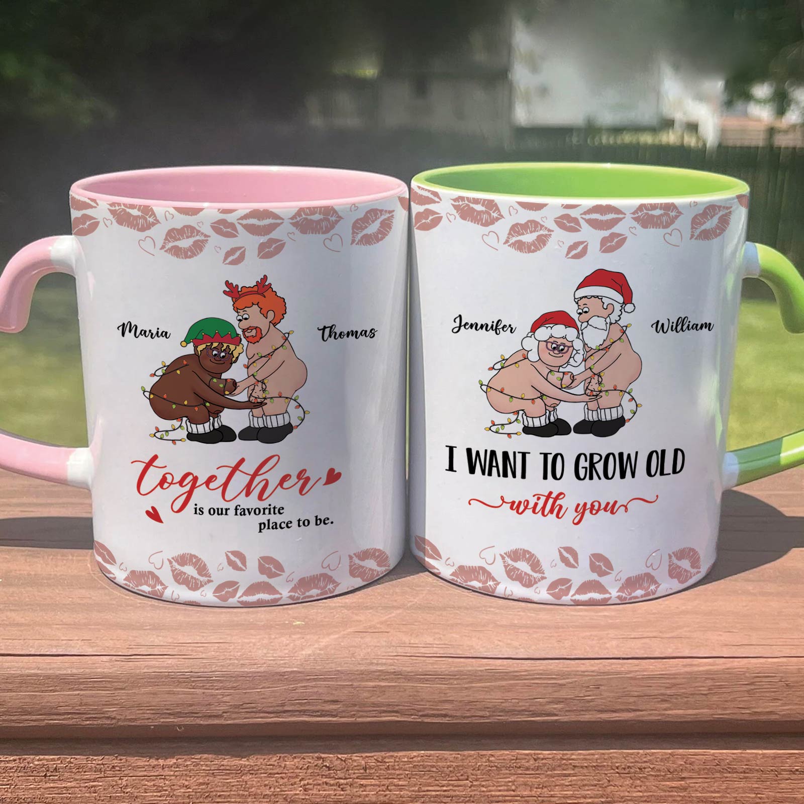 Personalized old couple mug set with cartoon elderly couples and custom names Maria, Thomas, Jennifer, William