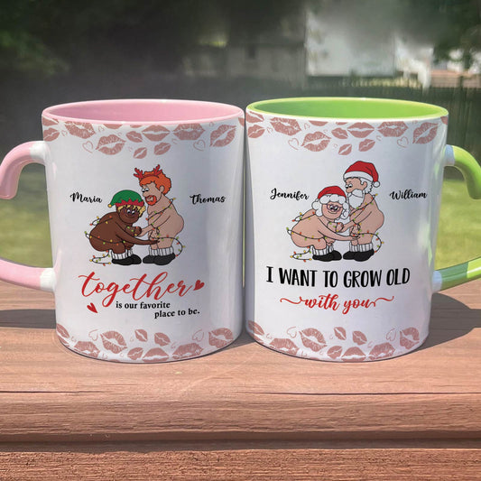 Personalized old couple mug set with cartoon elderly couples and custom names Maria, Thomas, Jennifer, William
