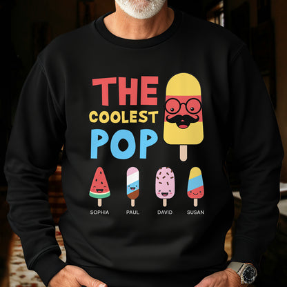 Black custom coolest pop t-shirt with colorful ice cream characters and names printed on front