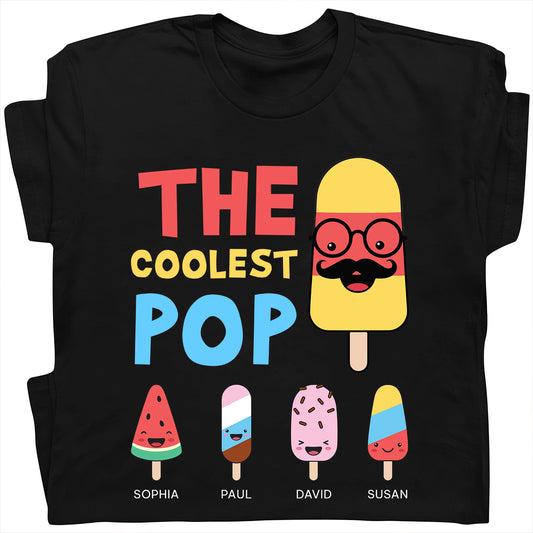 Black custom coolest pop t-shirt with colorful cartoon popsicles and names Sophia Paul David Susan