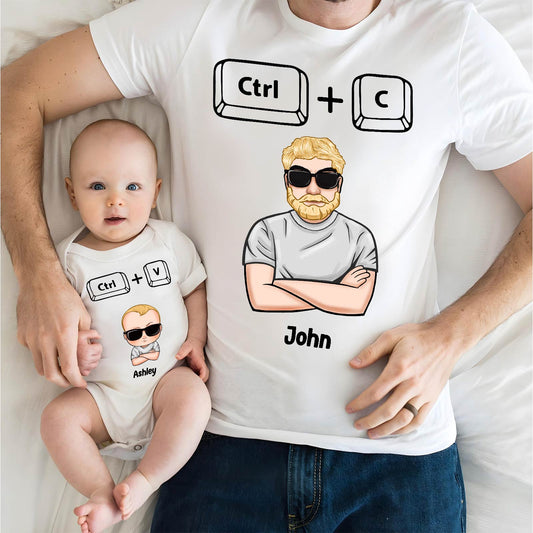 Copy paste shirts for dad and baby matching white tees with keyboard keys and cartoon characters