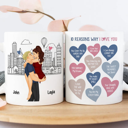365Gifty personalized couple mug with 10 reasons why I love you gift messages and cartoon city background