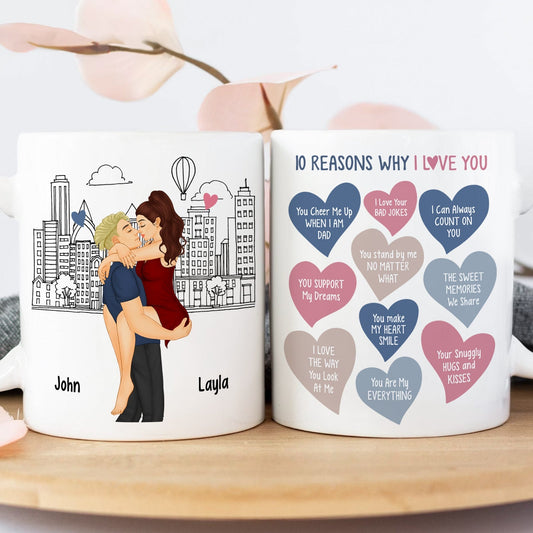 365Gifty personalized couple mug with 10 reasons why I love you gift messages and cartoon city background