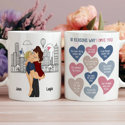 365Gifty personalized couple mug with 10 reasons why I love you gift featuring romantic hearts and custom names