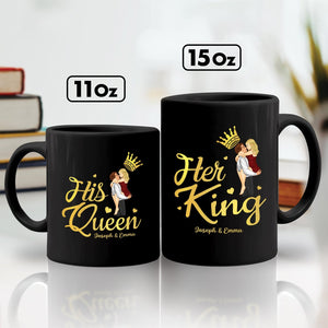 Custom couple black mugs gift featuring His Queen and Her King designs for personalized gifting