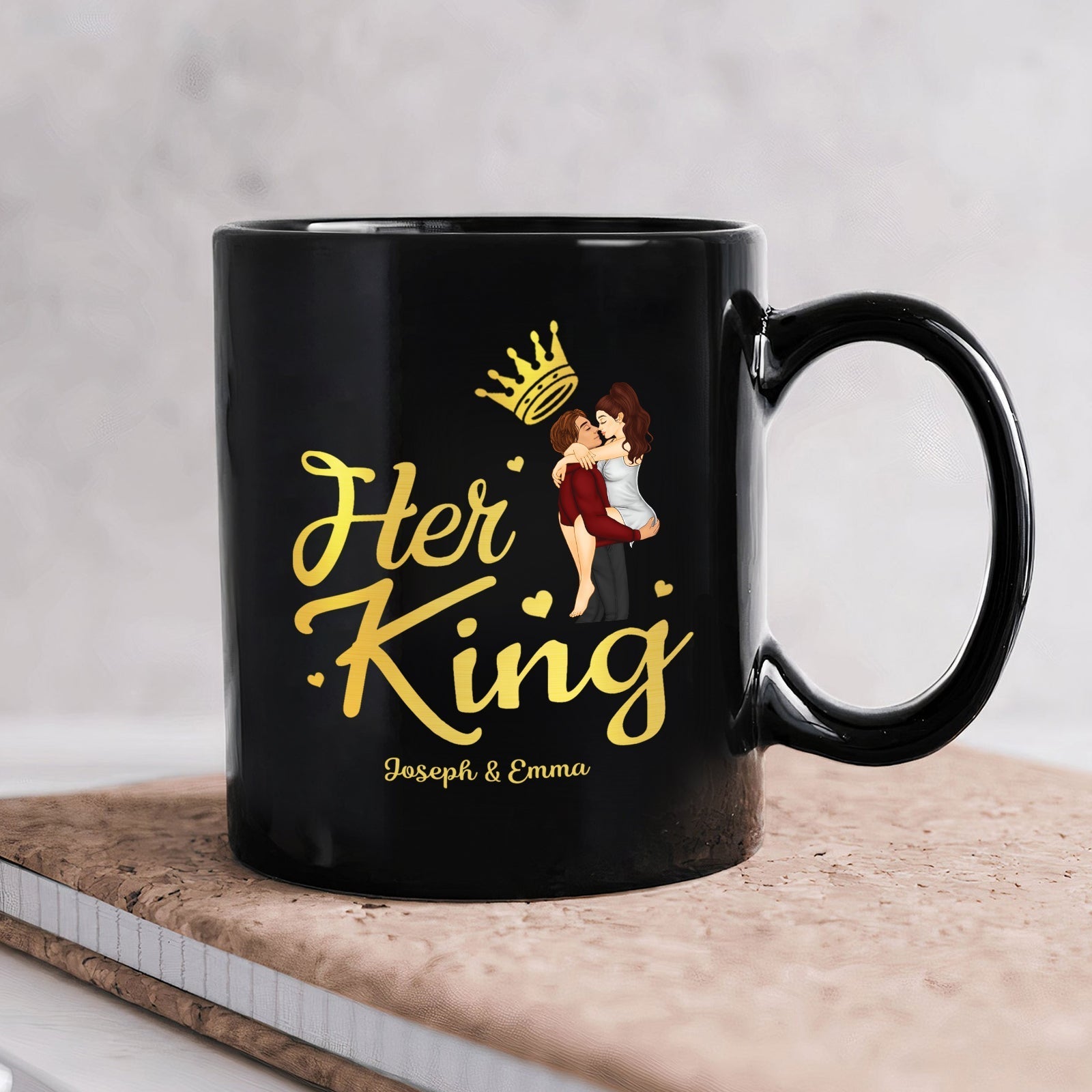 Custom couple black mugs gift featuring 'Her King' design with cute couple illustration