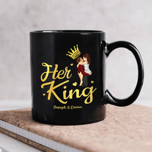 Custom couple black mugs gift featuring 'Her King' design with cute couple illustration