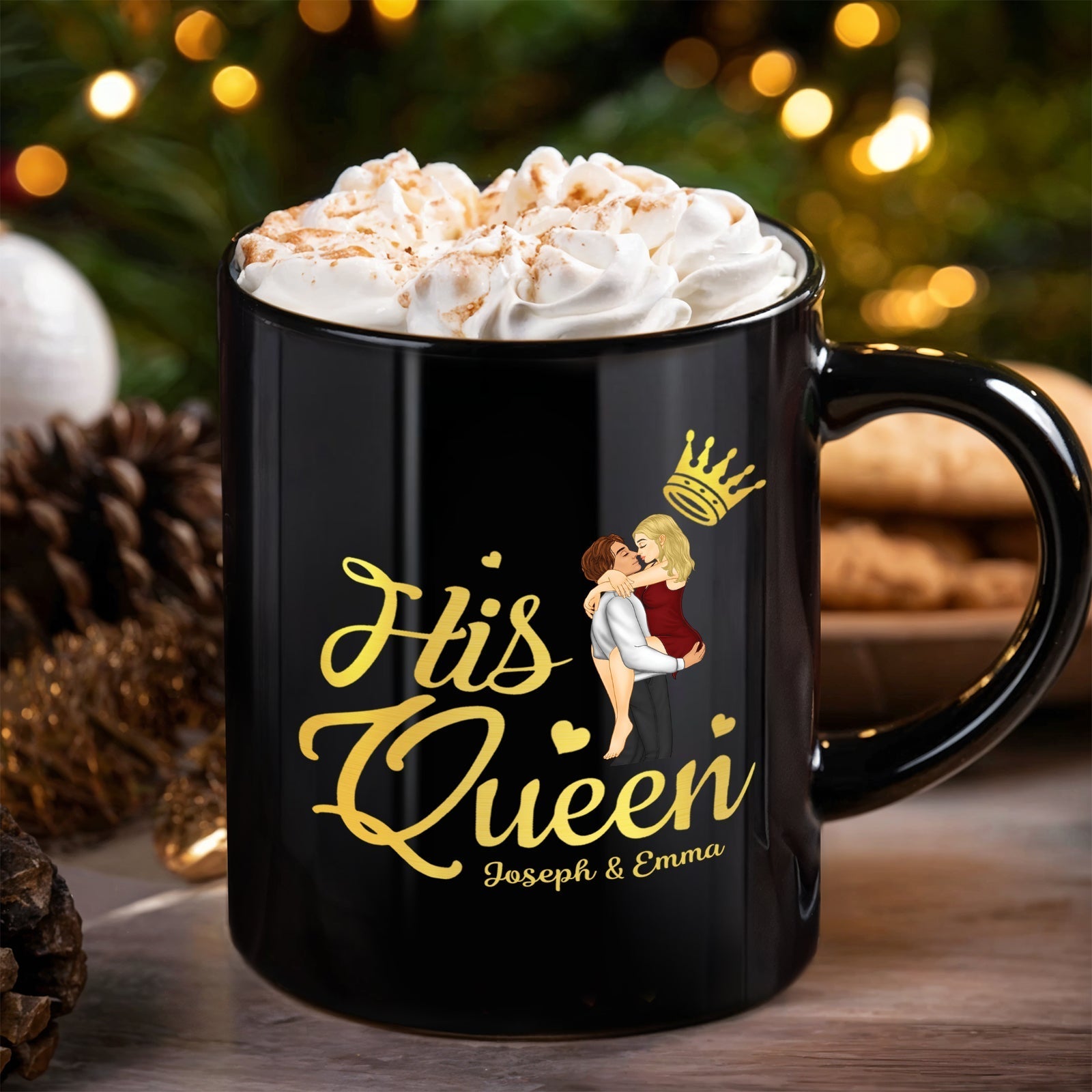 Custom couple black mugs gift featuring His Queen design with personalized names Joseph and Emma