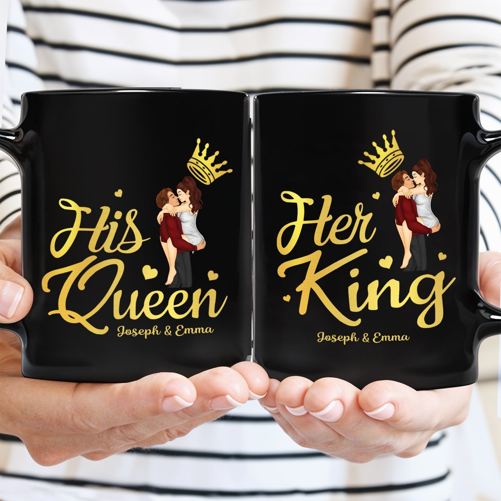 Custom couple black mugs gift featuring His Queen and Her King design with personalized names